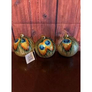Peacock Feather Blue Christmas Capiz Ball Ornament Set Of 3